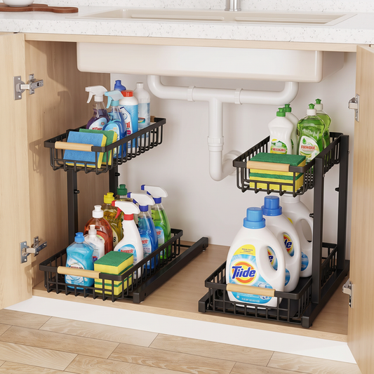 Black under-sink storage rack installed around pipes in a kitchen cabinet