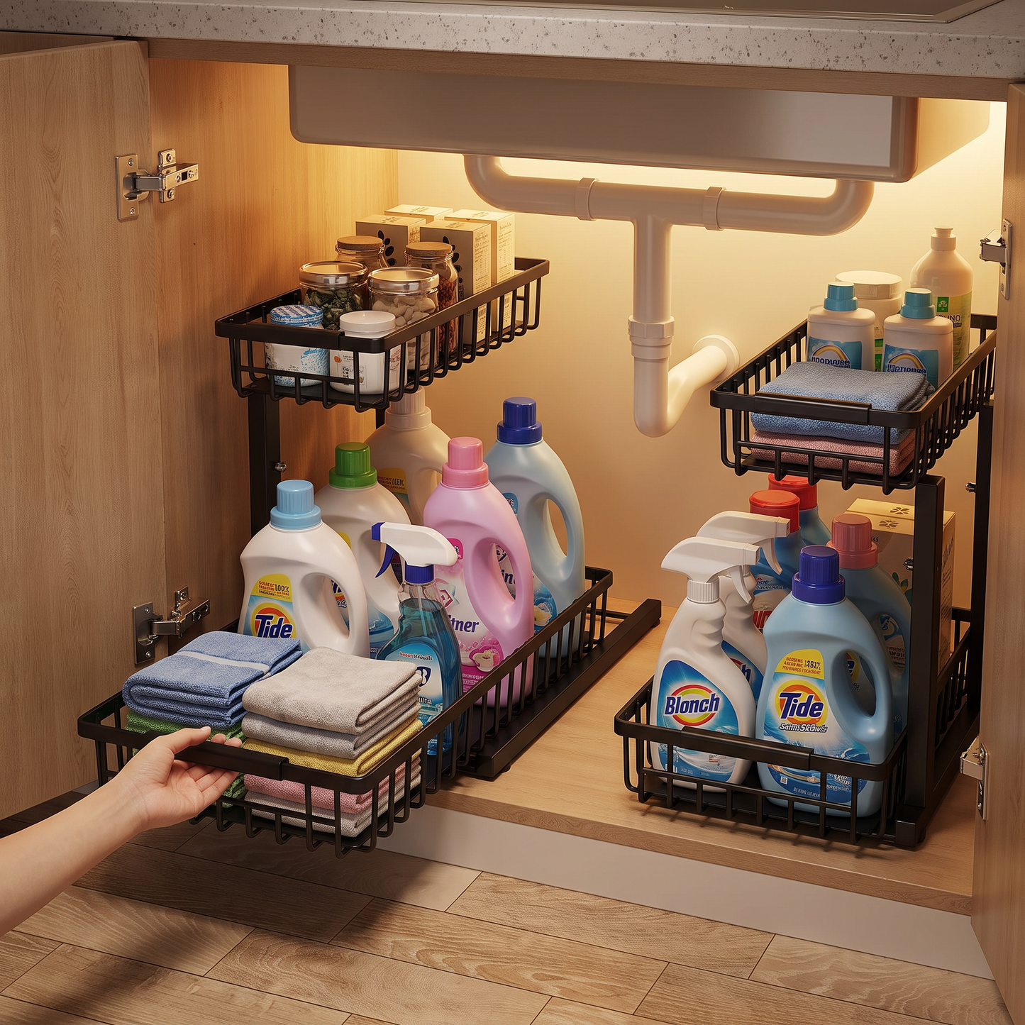 Hand pulling out the black under-sink rack's drawer in a laundry-room cabinet