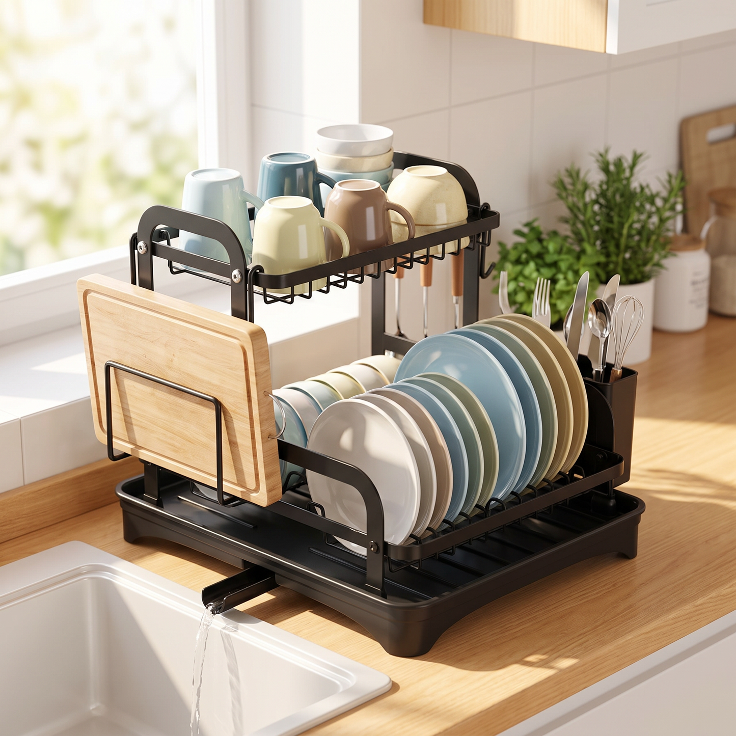 High-angle view of the dish rack showing both tiers organized with dishes