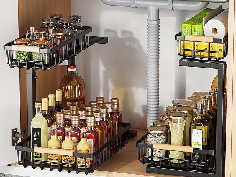 Black adjustable under-sink storage rack gallery image 6