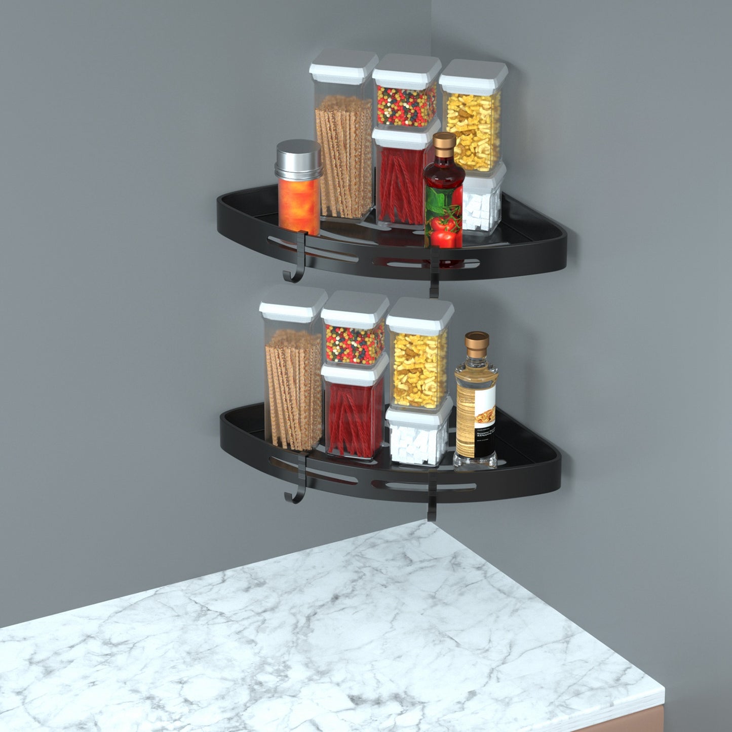Corner shower caddy close-up of no-drill mount