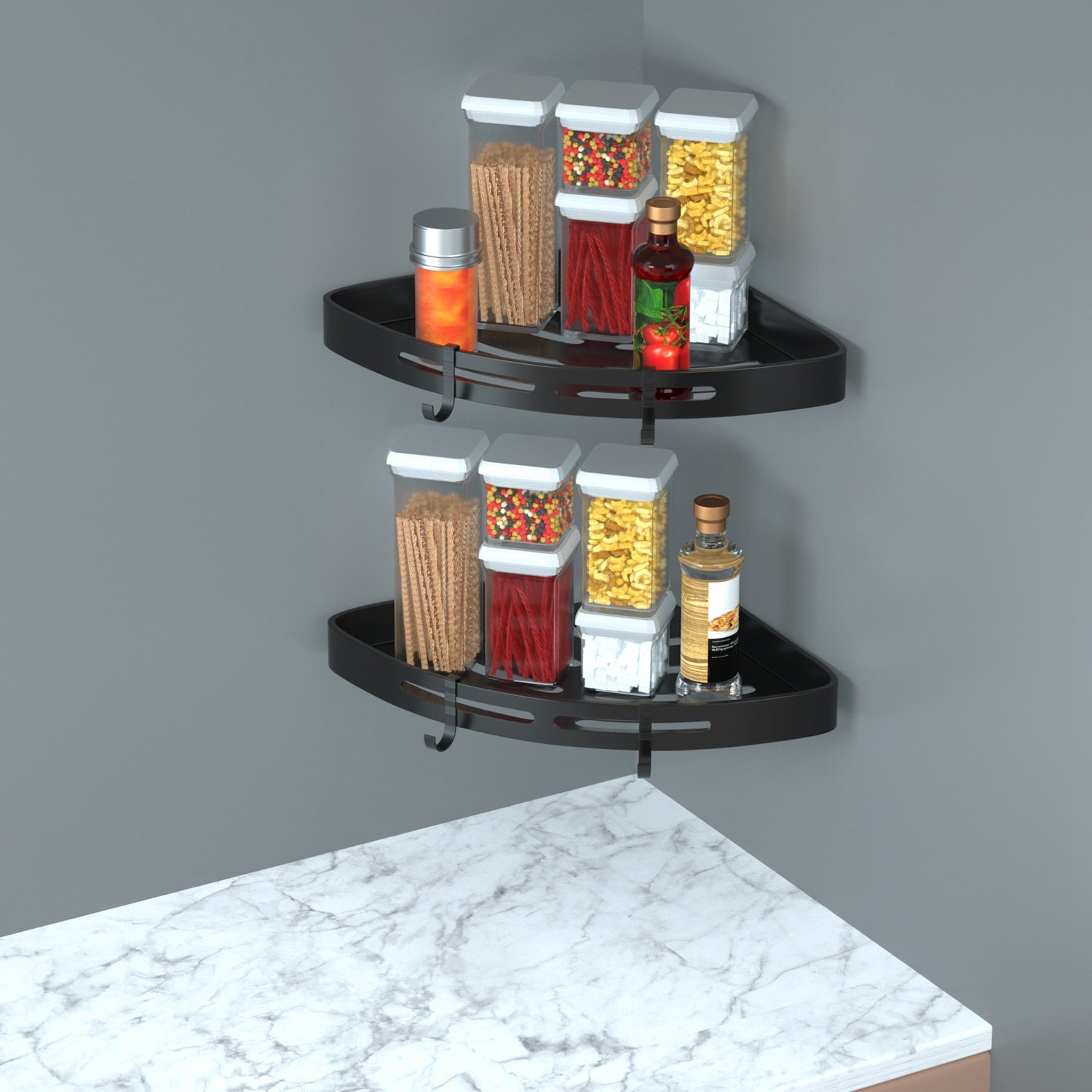 Corner shower caddy close-up of no-drill mount
