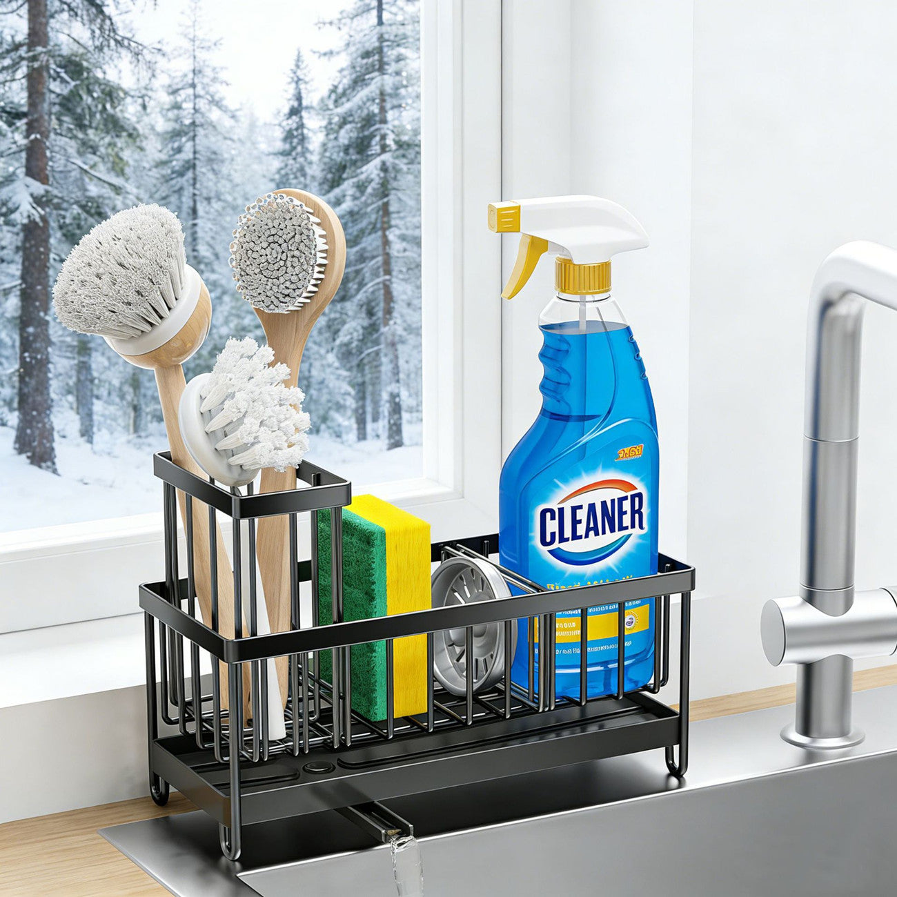 Kitchen sink caddy sponge and soap holder, front view