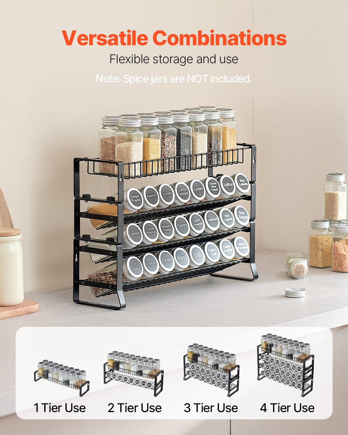 Spice rack organizer holding jars on kitchen counter