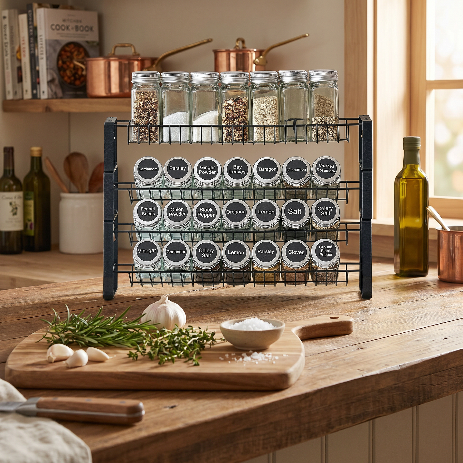 Spice rack organizer filled with jars on a kitchen countertop