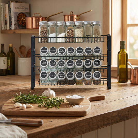 Spice rack organizer filled with jars on a kitchen countertop