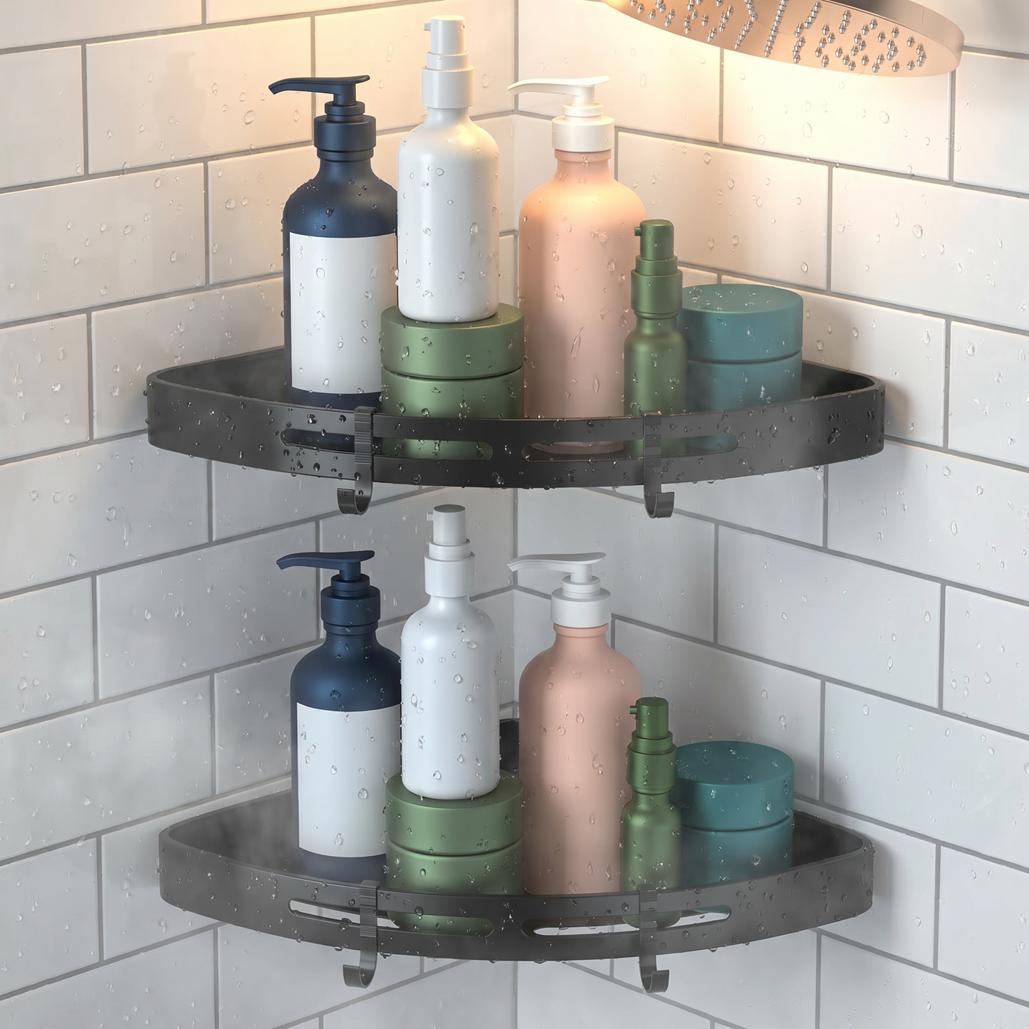 Corner shower caddy shelf holding shampoo bottles in a tiled shower