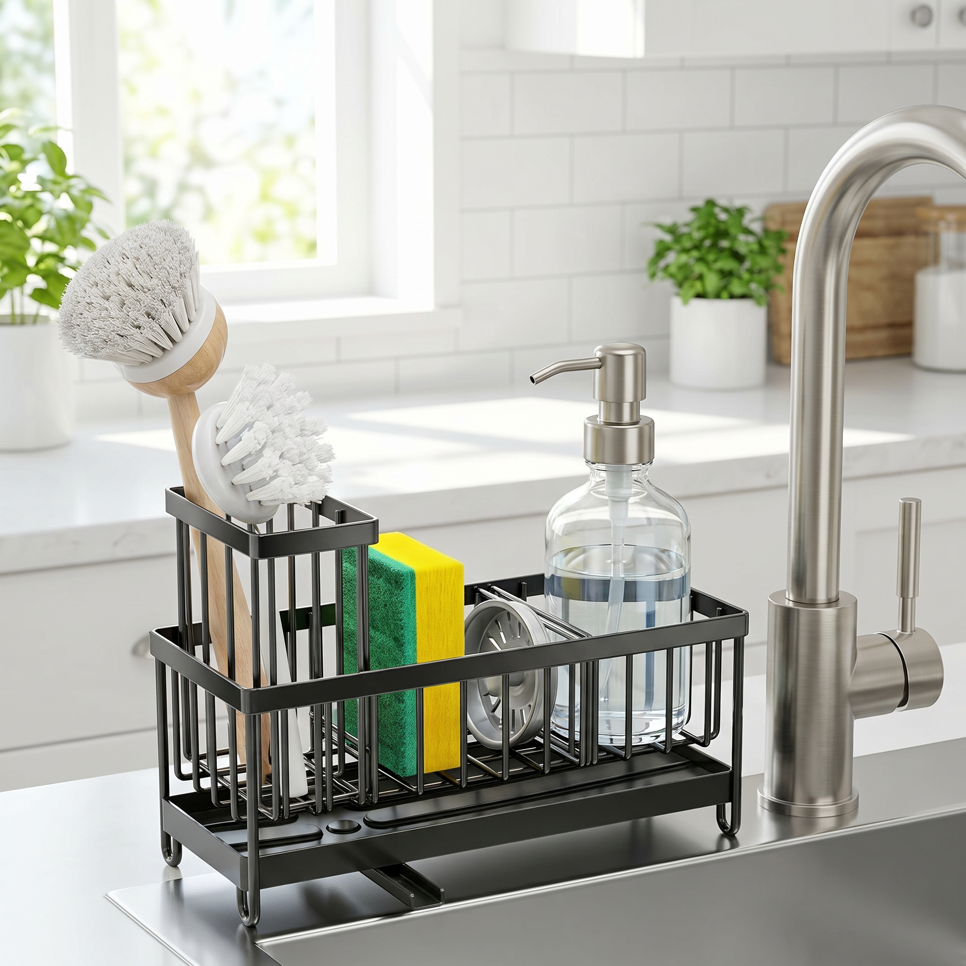 Kitchen sink caddy holding a sponge and dish brush on a sink deck