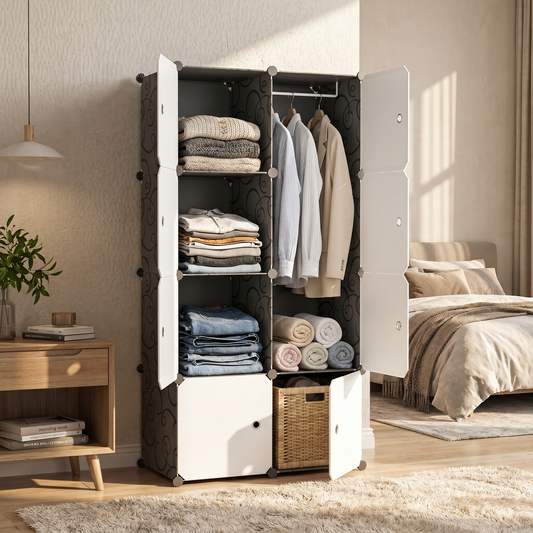 Single 8-cube stackable organizer filled with clothes against a bedroom wall