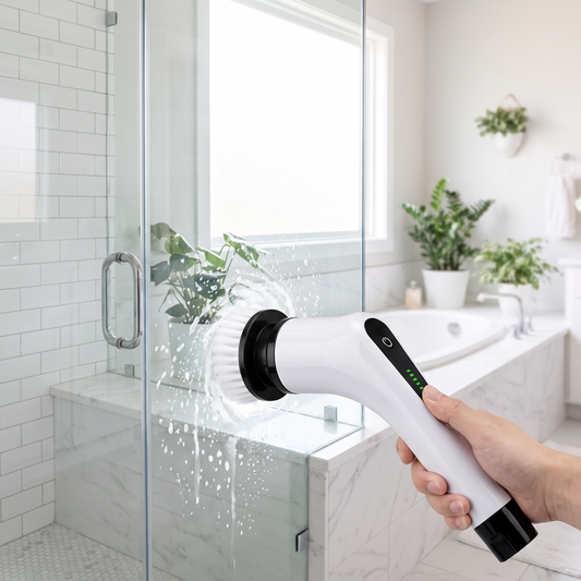 Cordless electric spin scrubber cleaning tiles in a bright modern bathroom