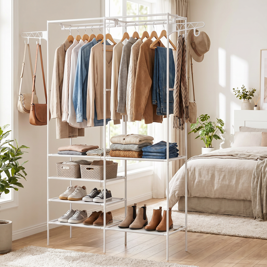 Freestanding metal garment rack with organized clothing and shoes in a bedroom