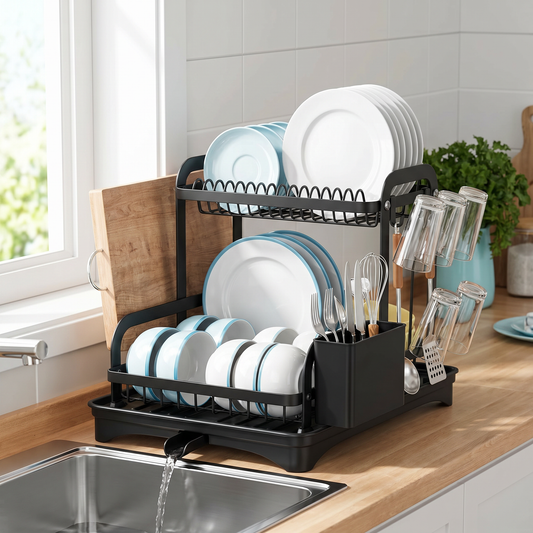 2-tier dish drying rack holding clean dishes beside the sink in a modern kitchen