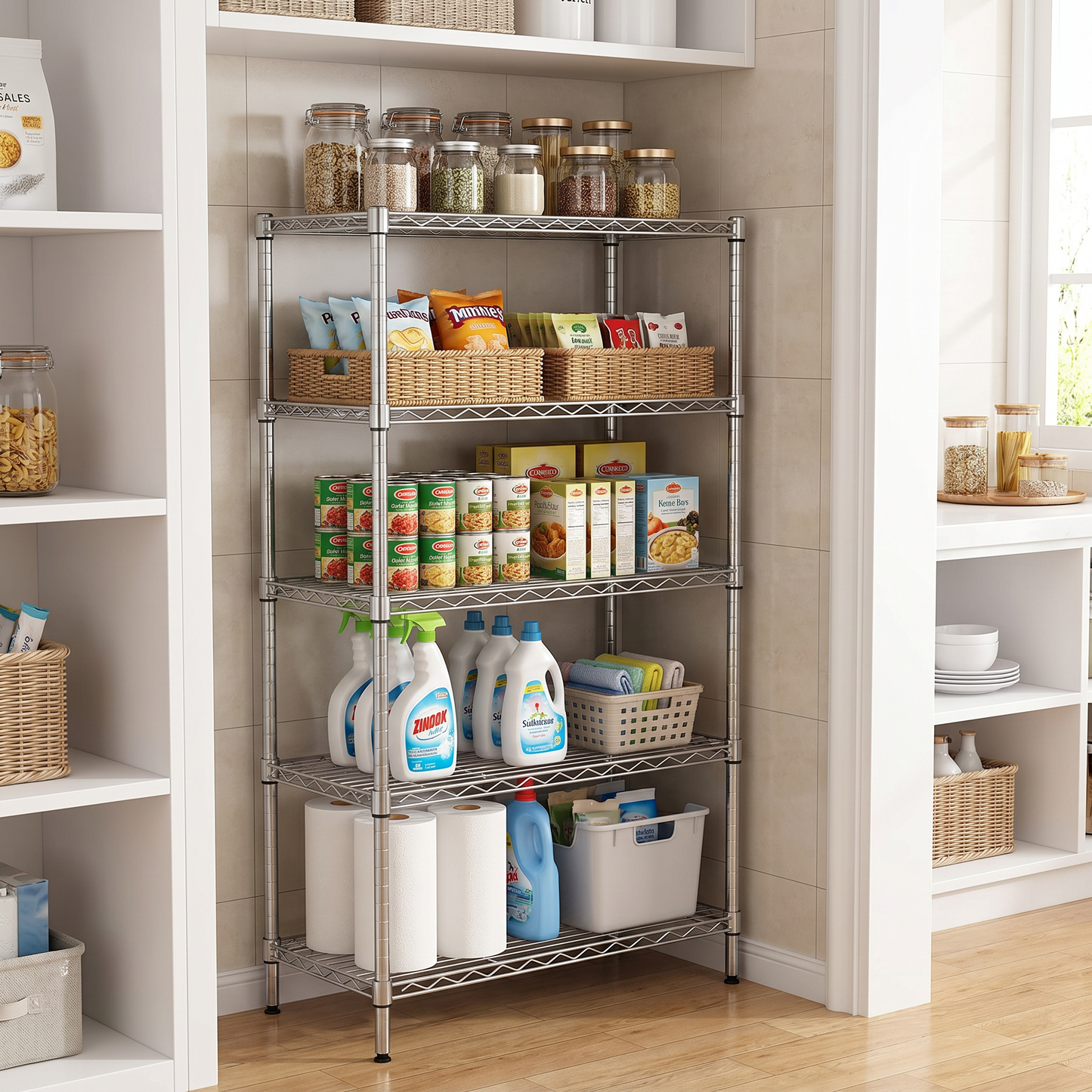 Compact silver 5-tier wire shelving rack filled with household supplies in a pantry