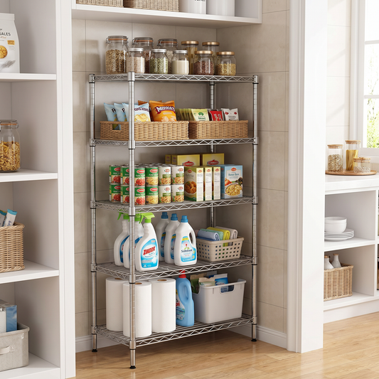 Compact silver 5-tier wire shelving rack filled with household supplies in a pantry