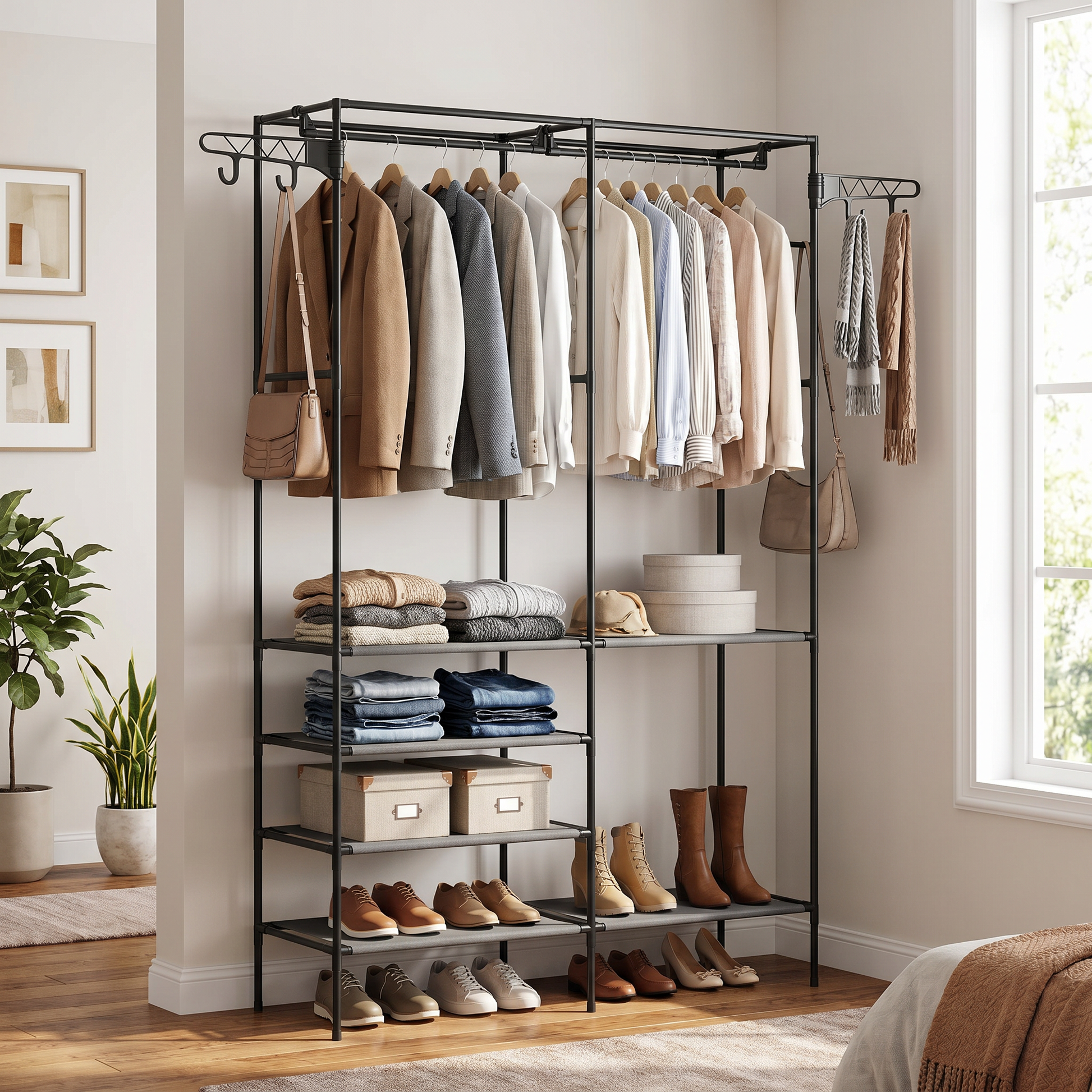 Freestanding black metal garment rack with side hooks, organized clothing and shoes in a bedroom