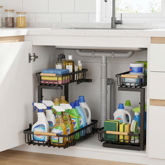 Black metal 2-tier pull-out under-sink storage rack holding supplies in a kitchen cabinet