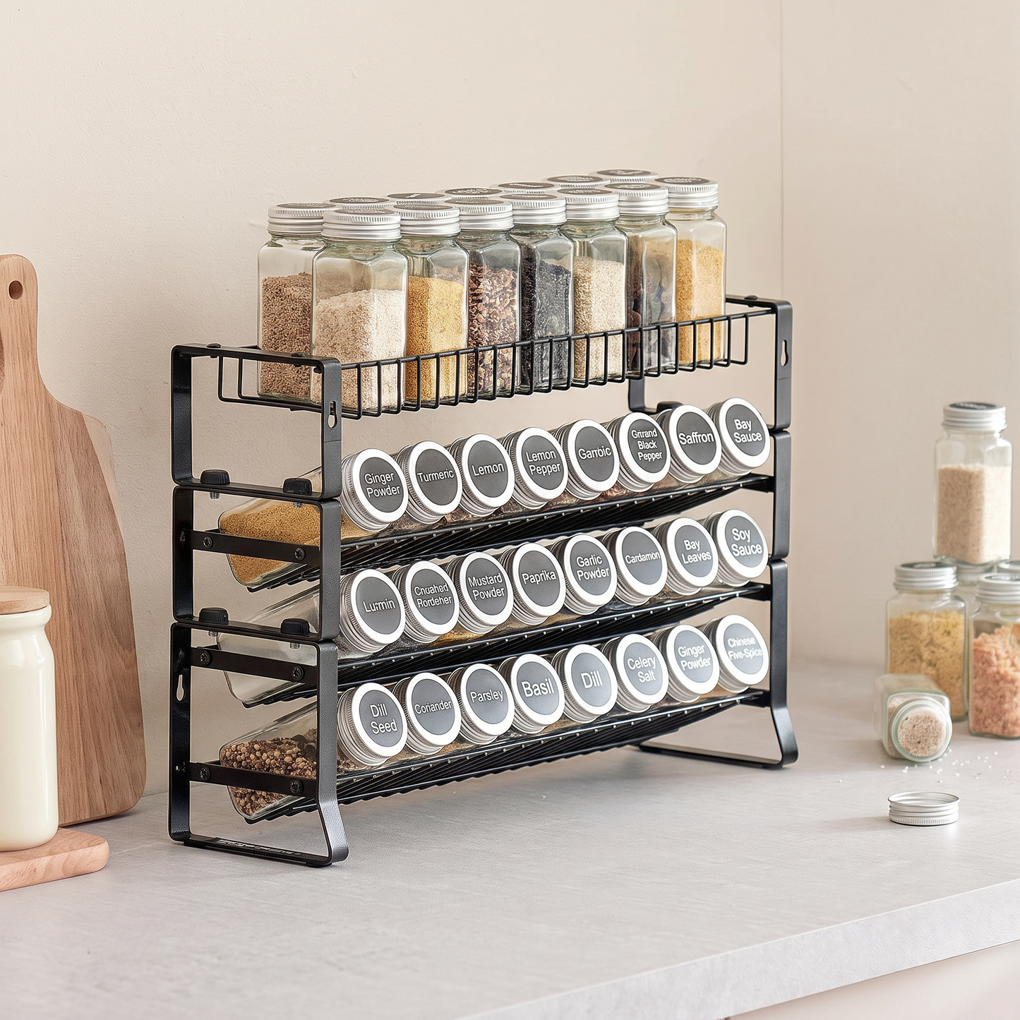 Spice rack organizer holding jars — enhanced product photo