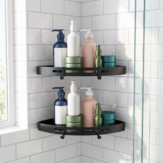 Corner shower caddy mounted in a bright white subway-tile shower