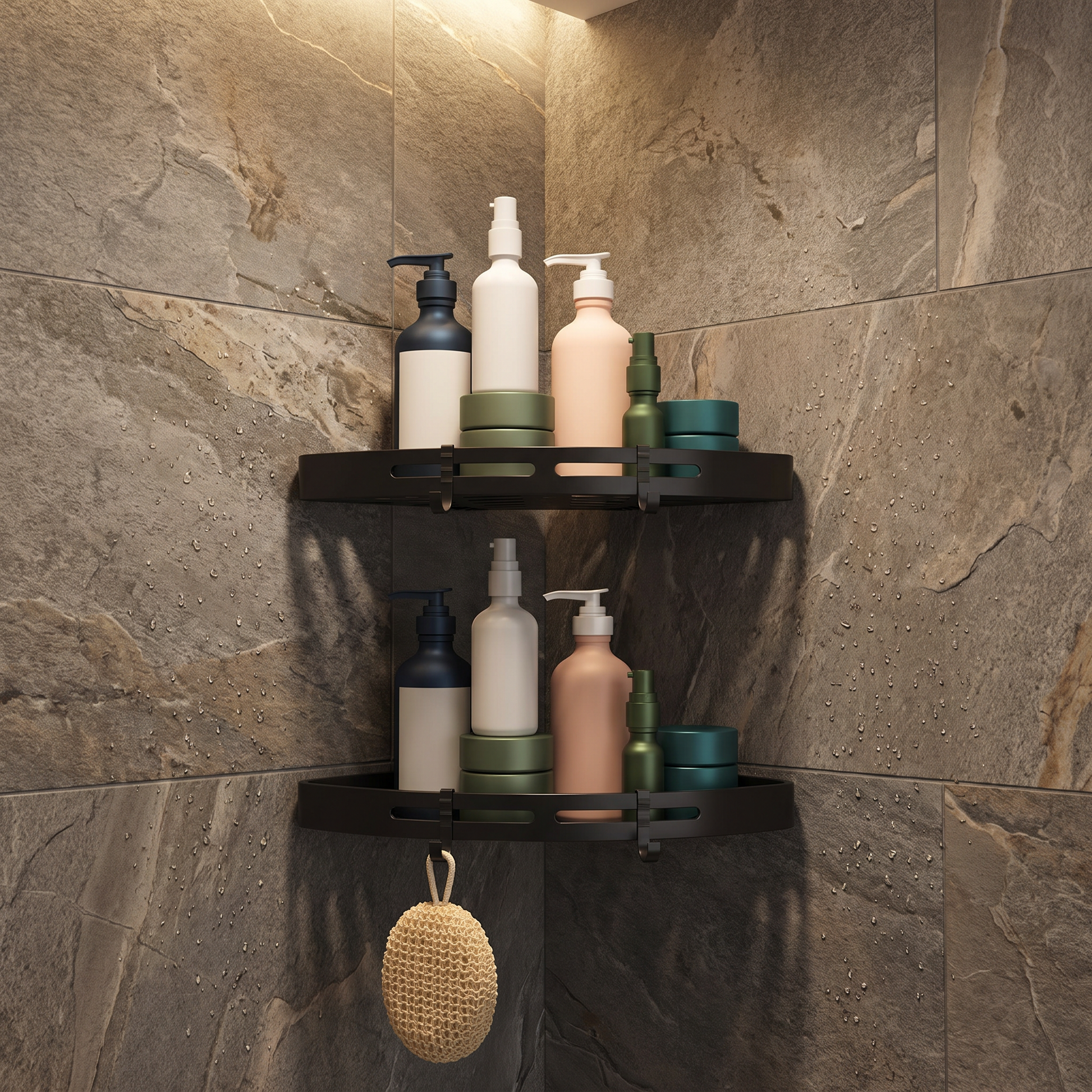 Corner shower caddy in a warm slate stone spa shower with a loofah on the hook