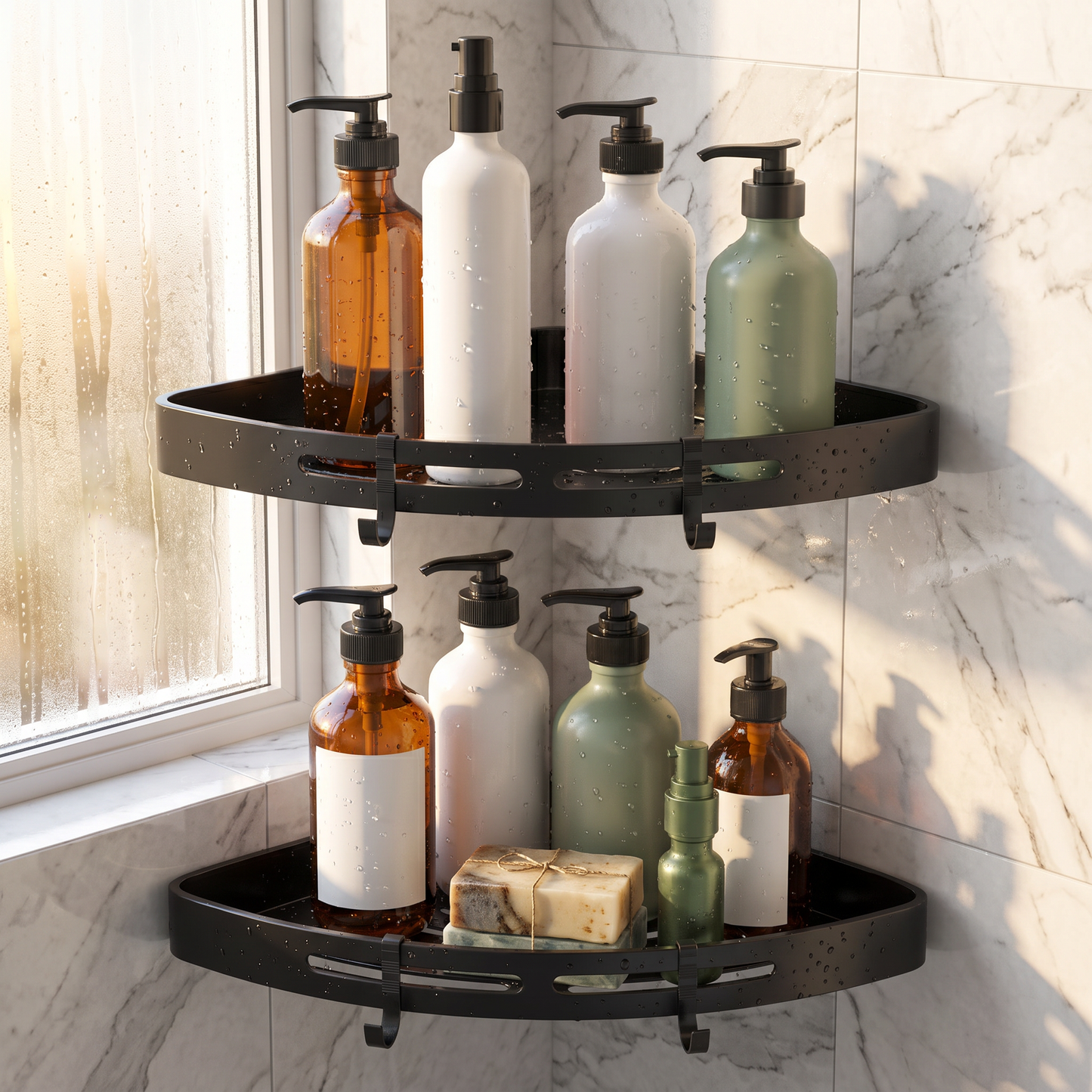 Corner shower caddy in a luxury marble shower with morning light