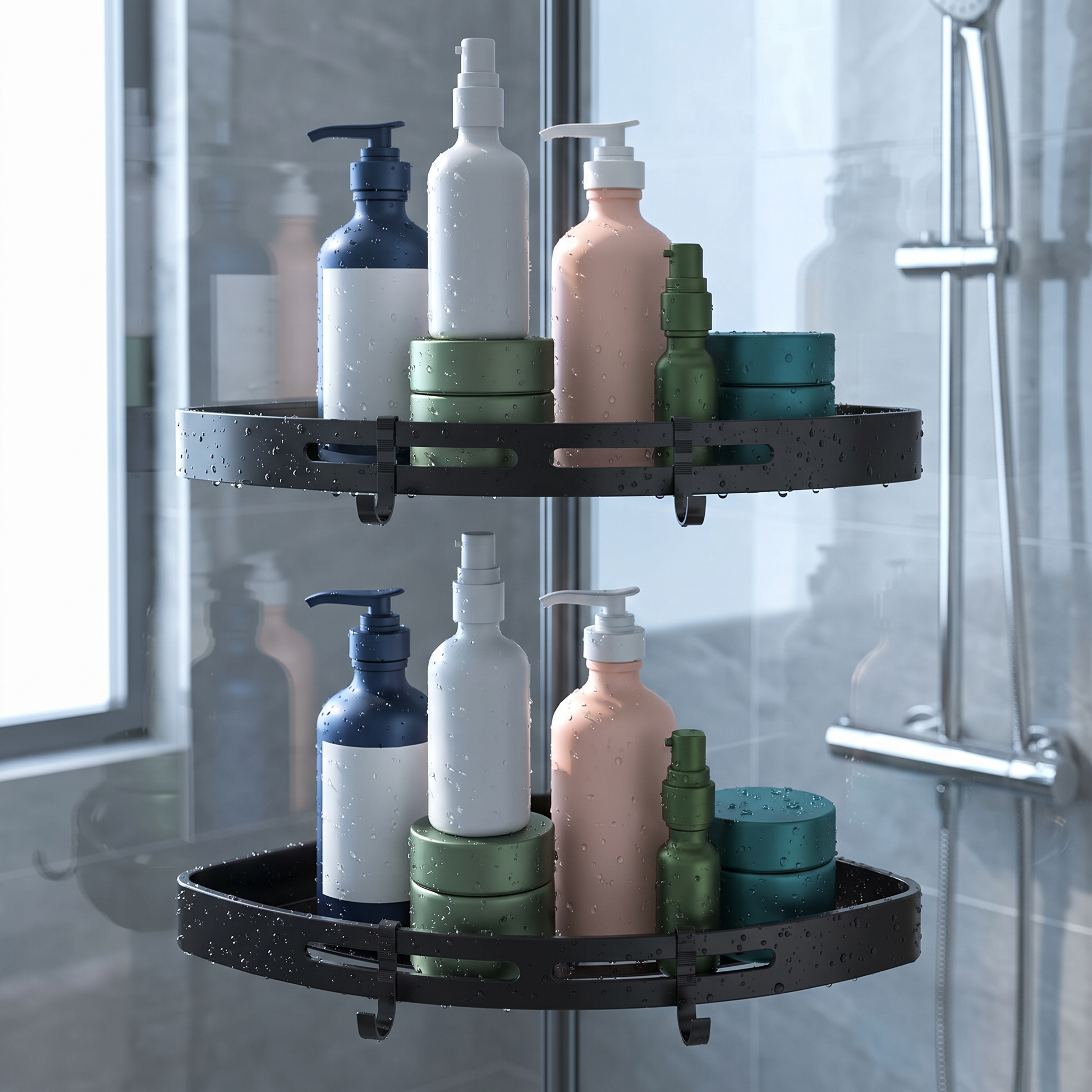 Close-up of the corner shower caddy's two tiers and side hooks in a glass shower