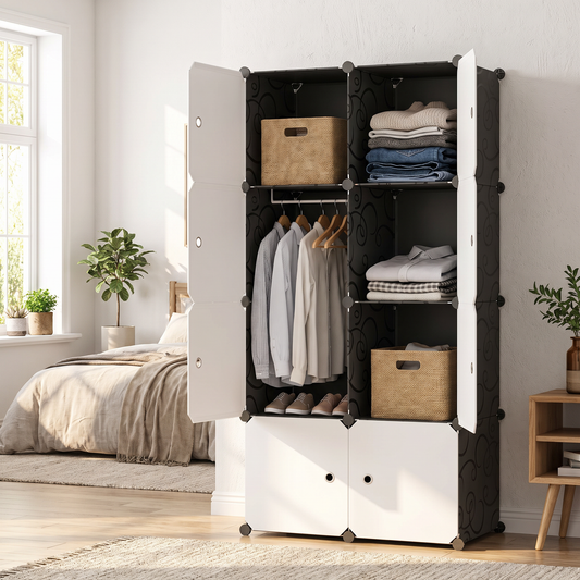 8-cube stackable storage organizer filled with clothes in a modern bedroom, three-quarter angle