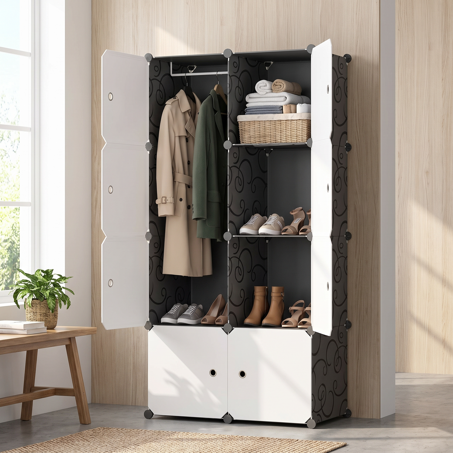 8-cube storage organizer in a bright entryway holding shoes and baskets