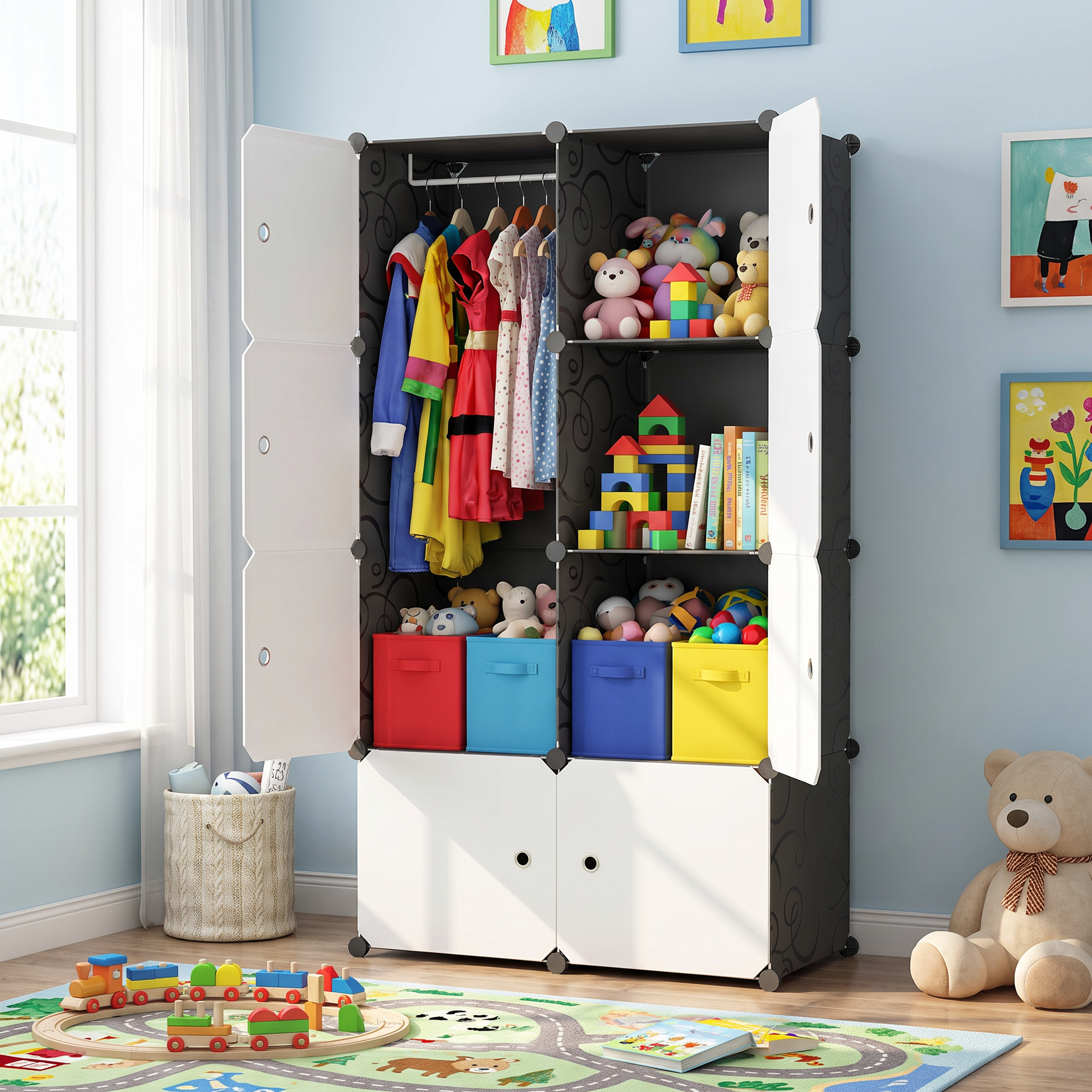 8-cube storage organizer in a kids playroom holding toys and bins