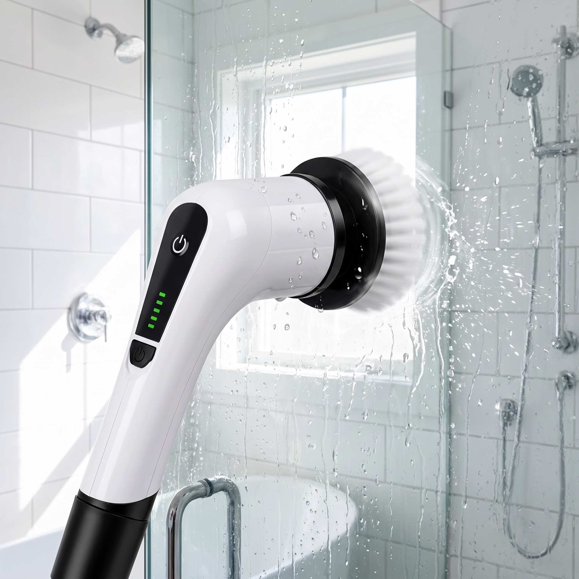 Electric spin scrubber cleaning a glass shower door
