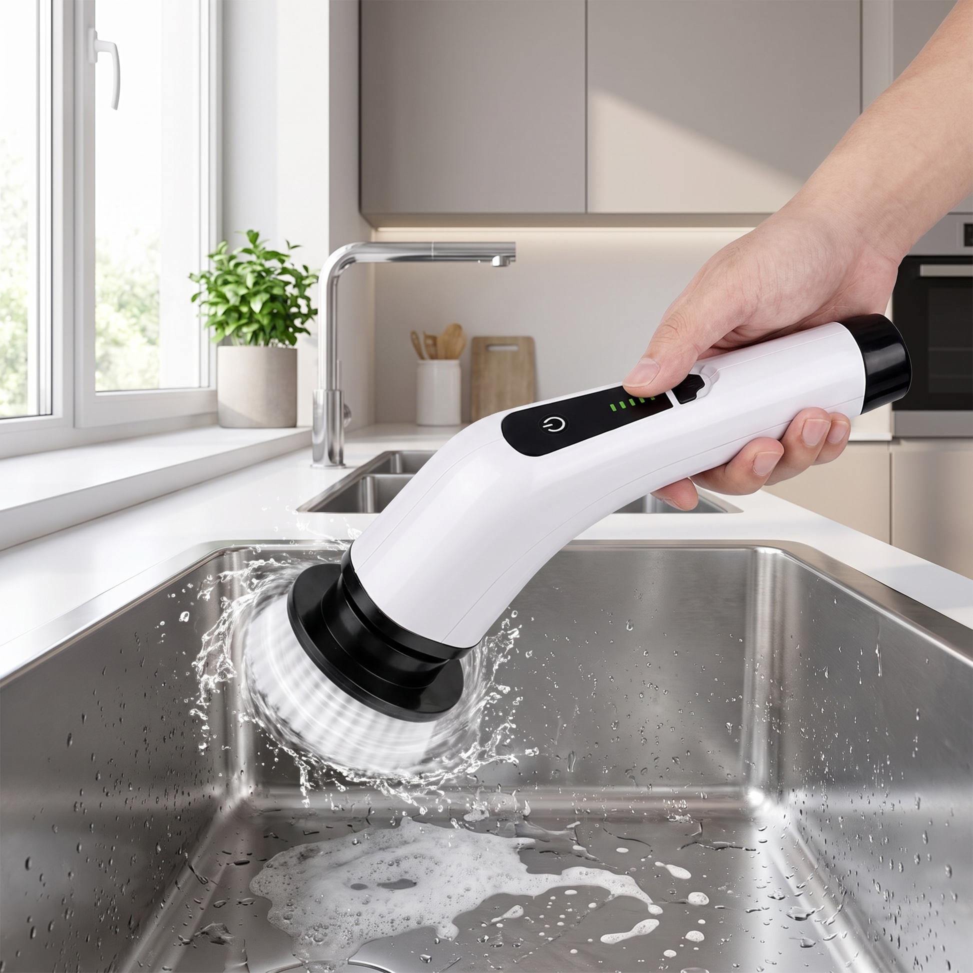Electric spin scrubber cleaning a stainless steel kitchen sink