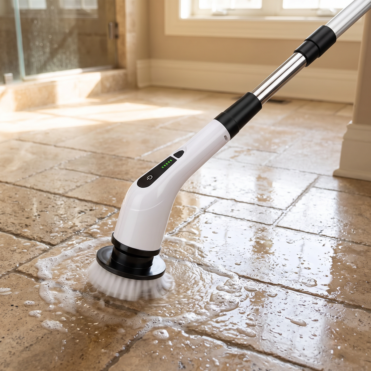 Spin scrubber with extended telescopic handle cleaning a tile bathroom floor