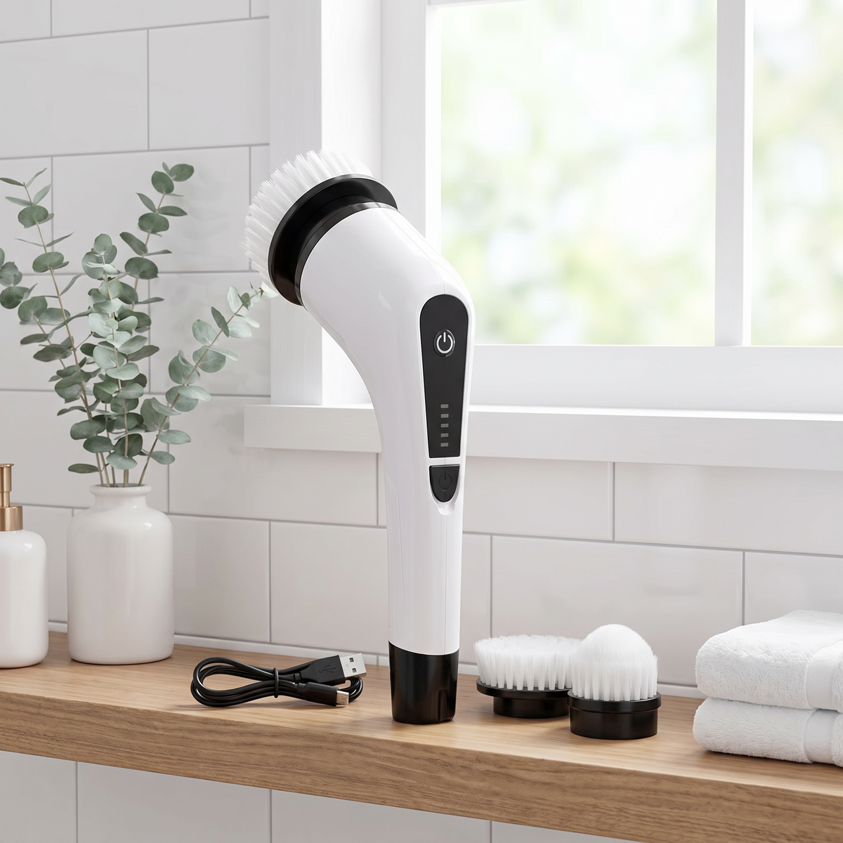 Spin scrubber standing on a bathroom shelf beside its charging cable and brush heads
