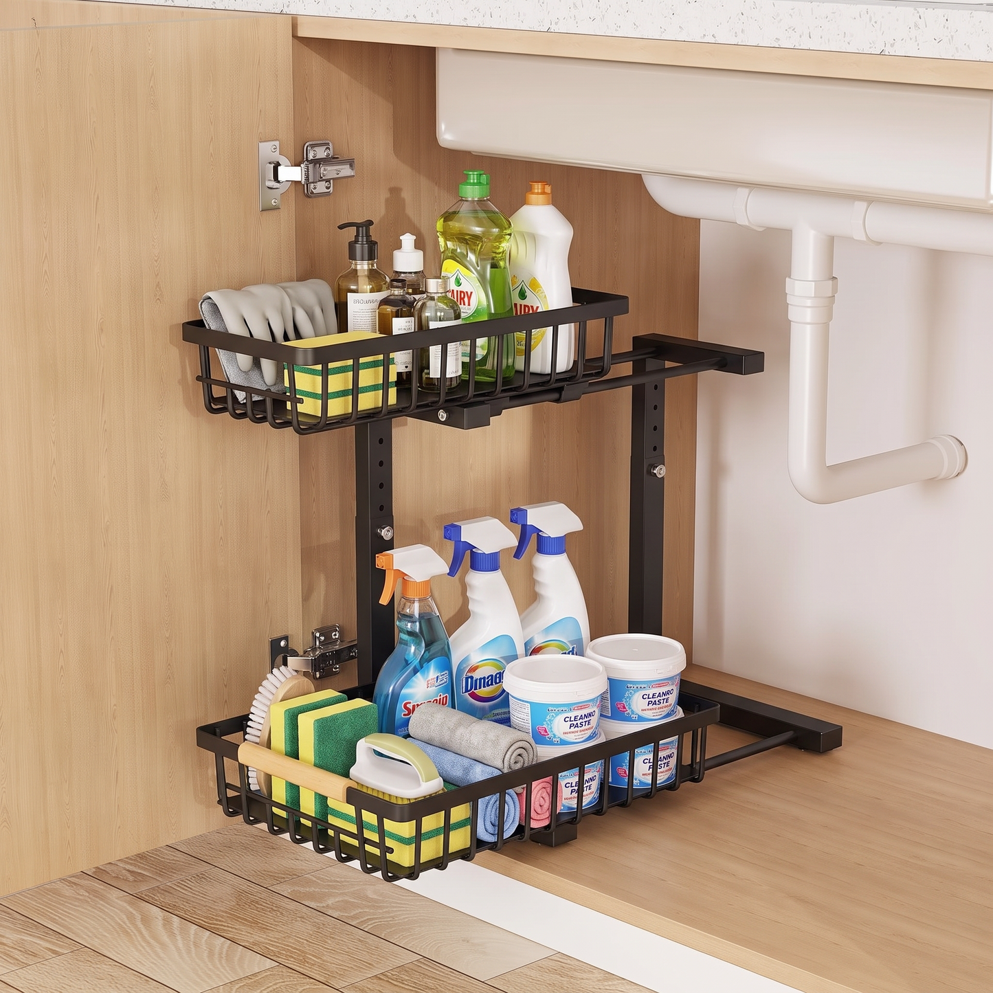 Black under-sink rack with the bottom drawer slid out showing supplies