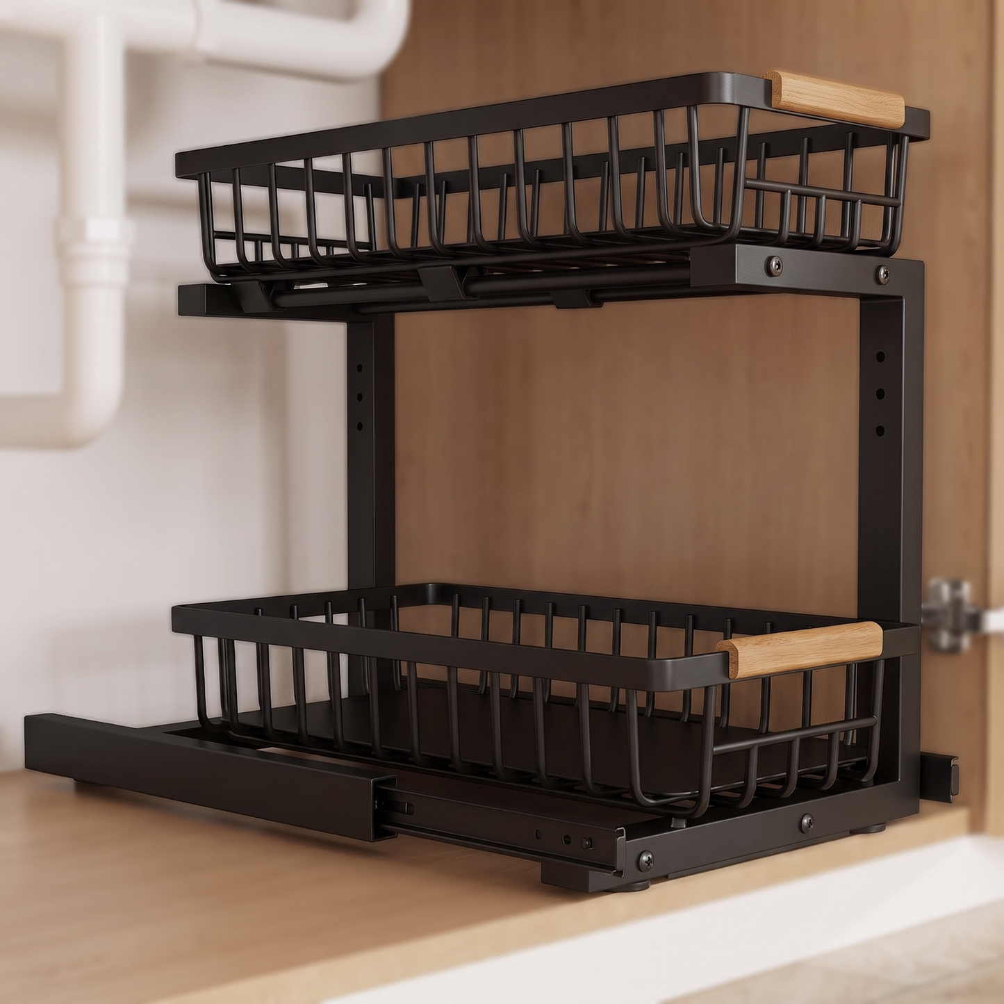 Close-up of the black under-sink rack sliding drawer rails and frame