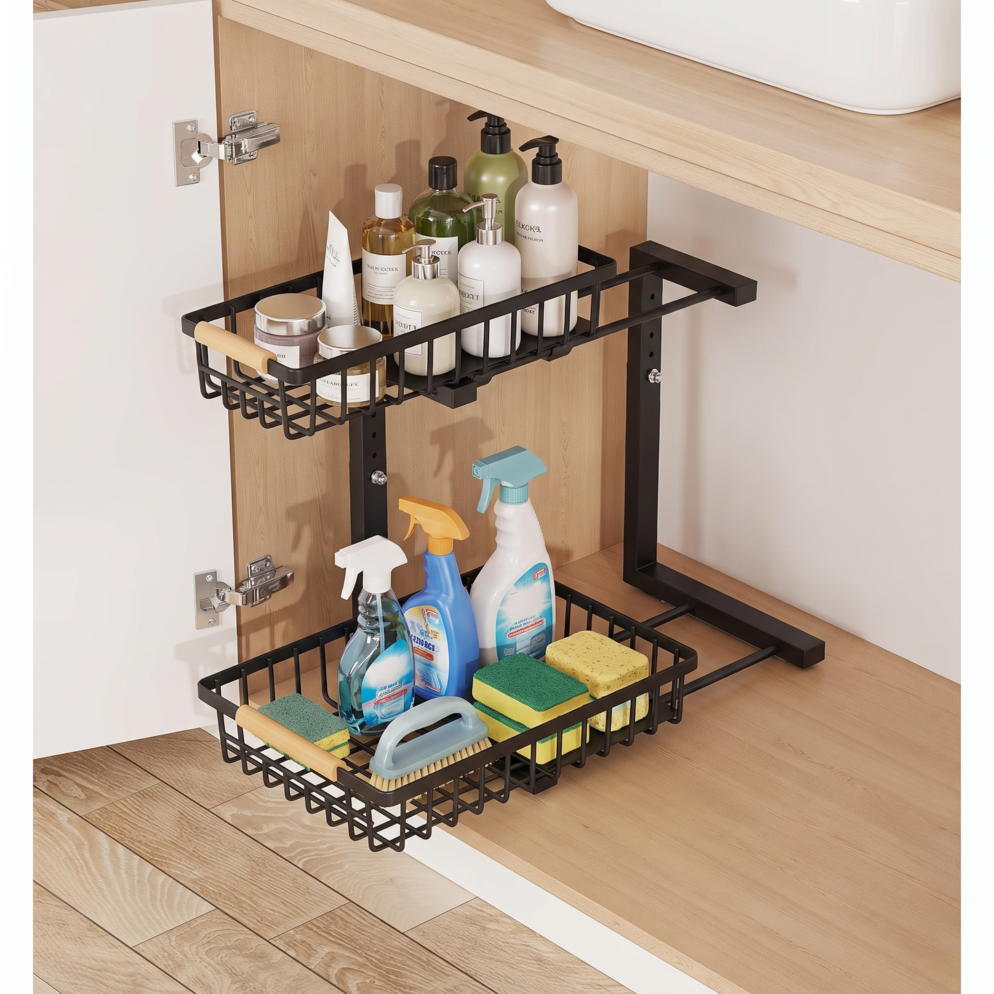 Black under-sink rack under a bathroom sink holding toiletries