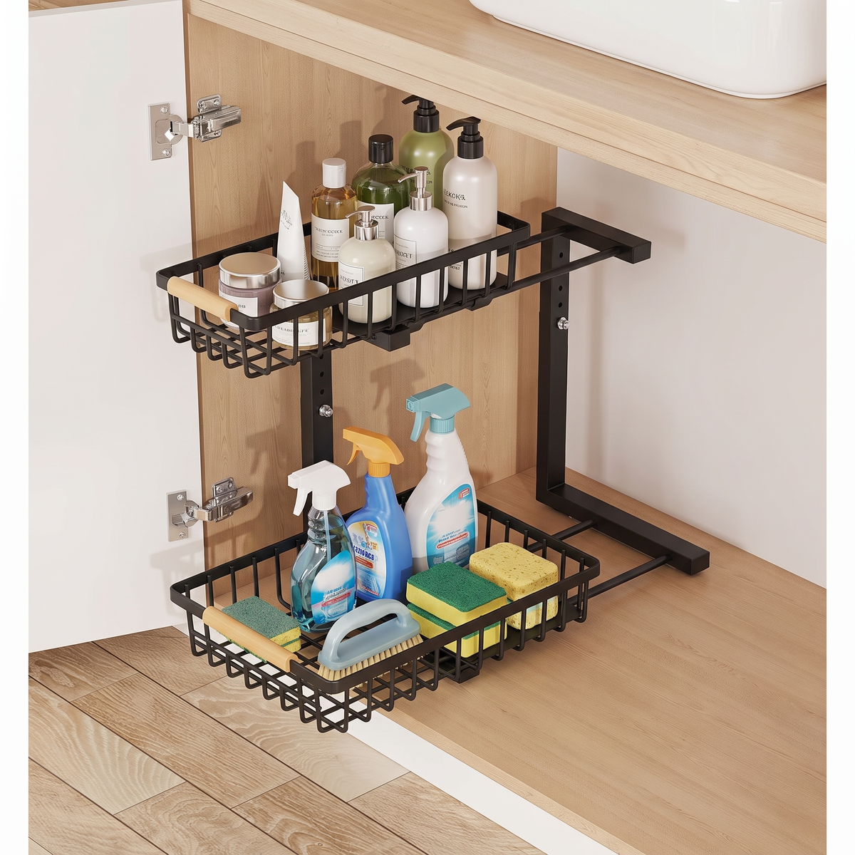 Black under-sink rack under a bathroom sink holding toiletries