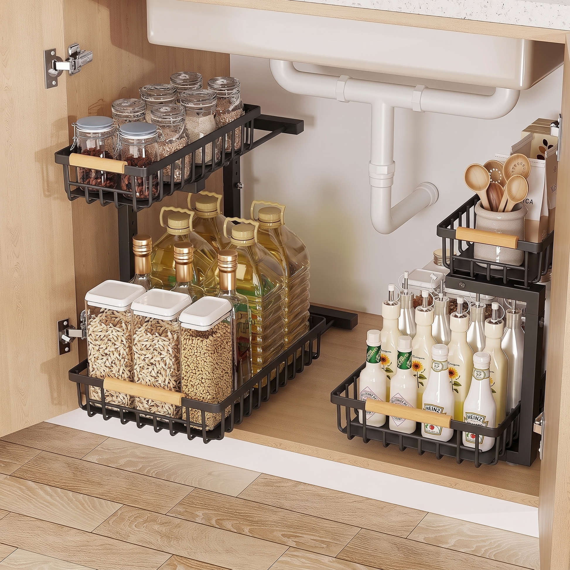 Black under-sink rack full front view holding cleaning supplies