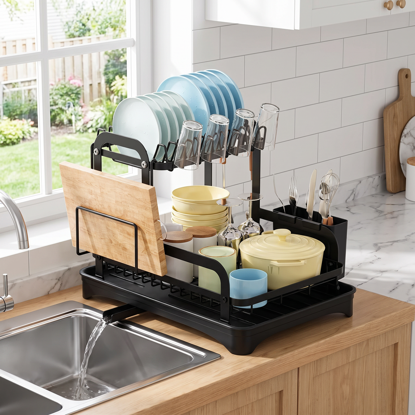 2-tier dish drying rack holding clean dishes beside the sink, three-quarter angle