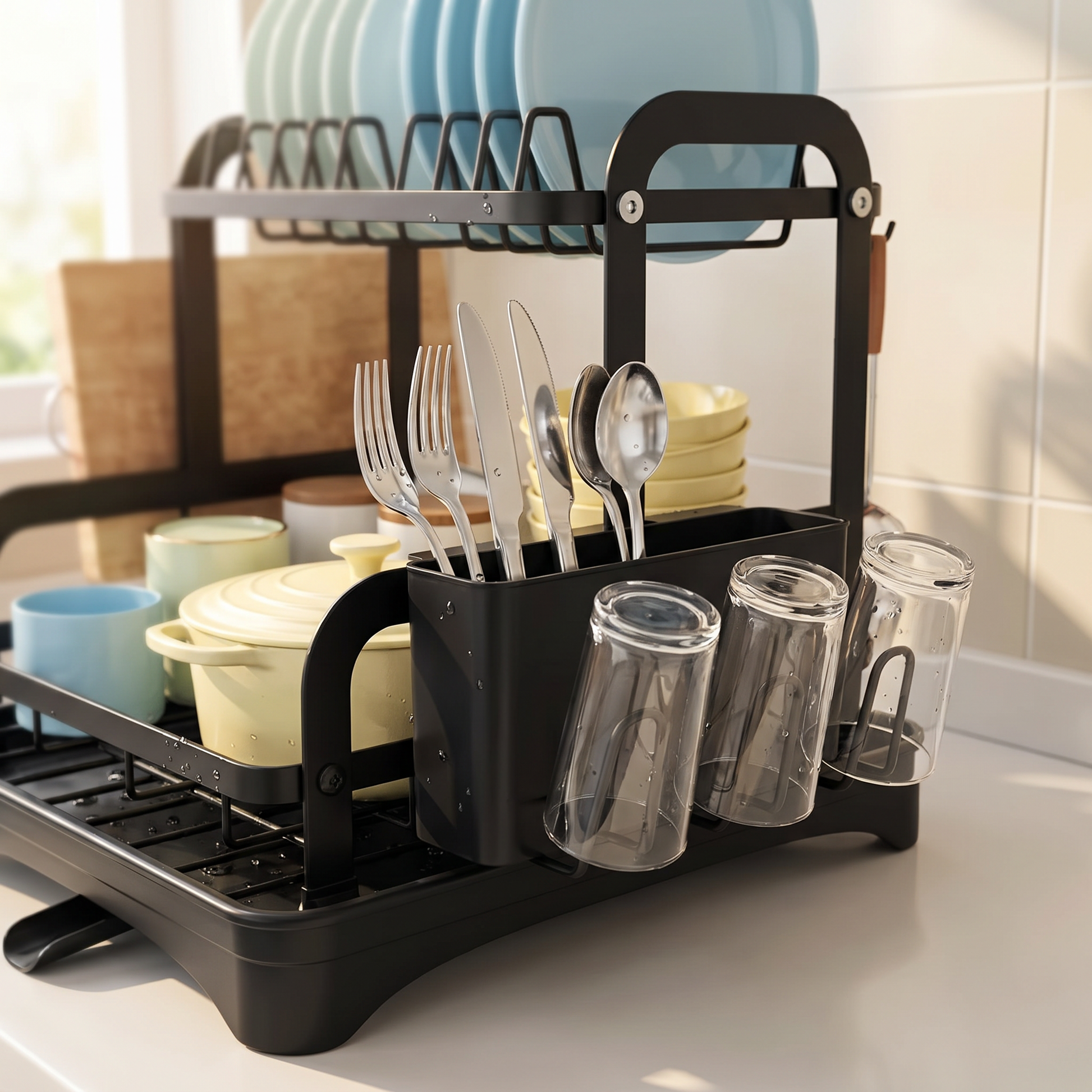 Close-up of the dish rack utensil holder and cup rack