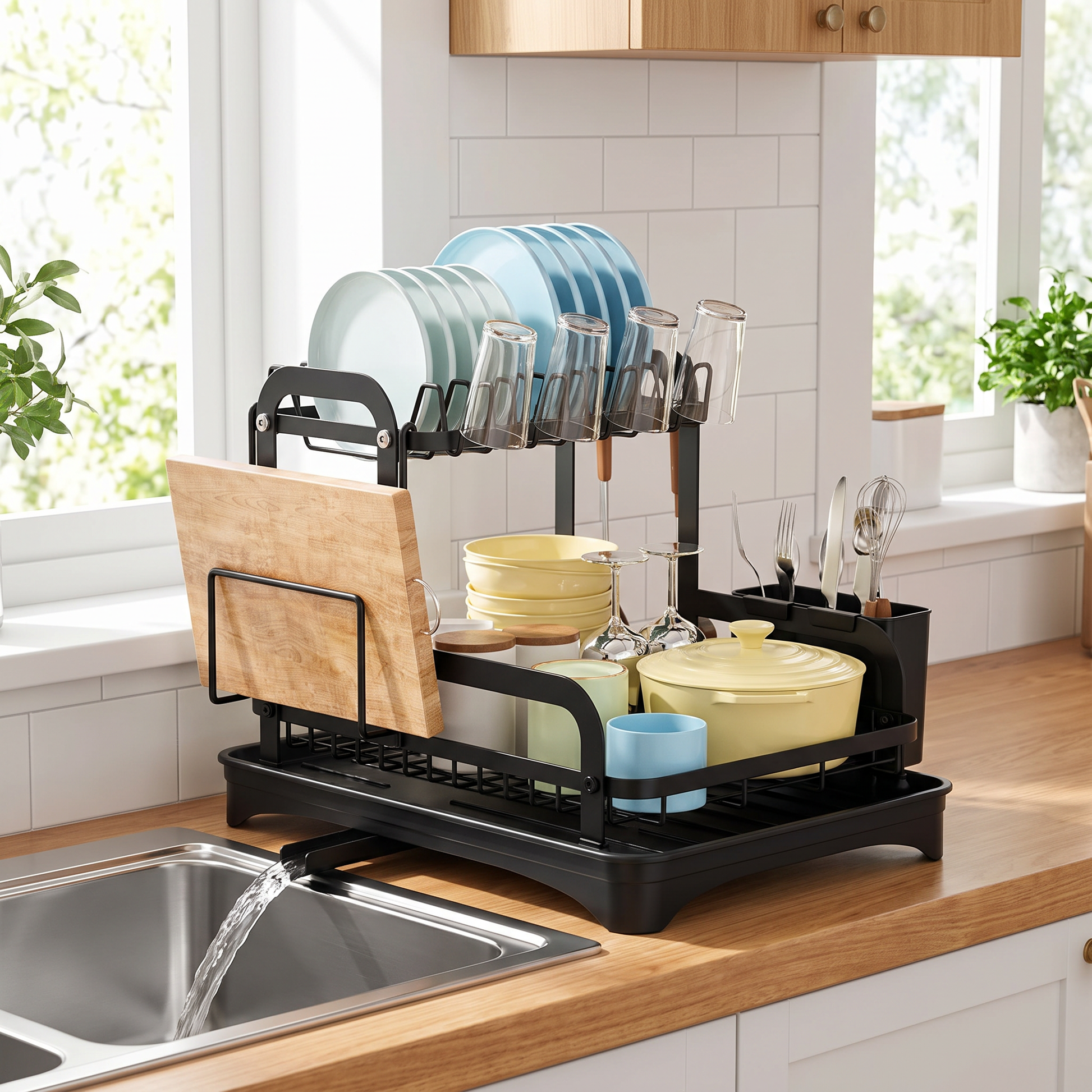 Side angle of the dish rack showing the drainboard spout directing water to the sink