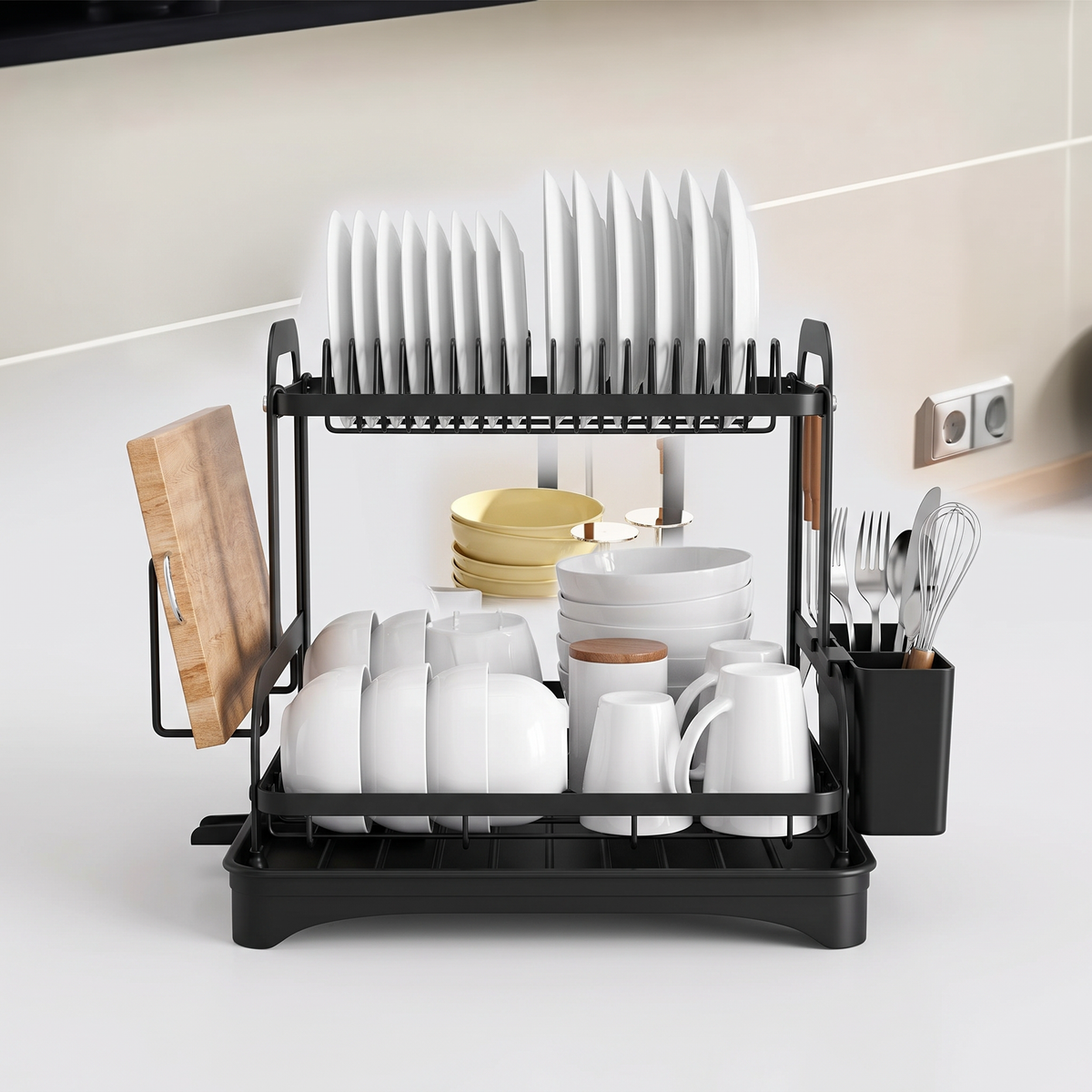 Dish rack fully loaded with a matching set of clean dishes, front view