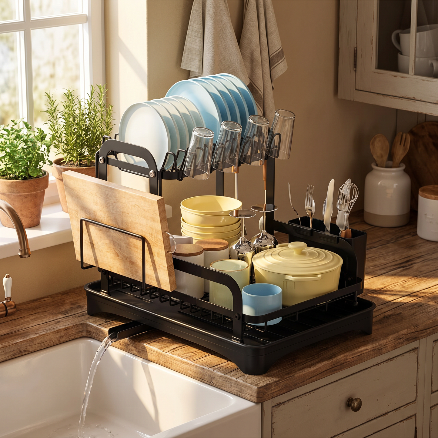 Dish rack in a warm farmhouse kitchen with a cutting board in the slot