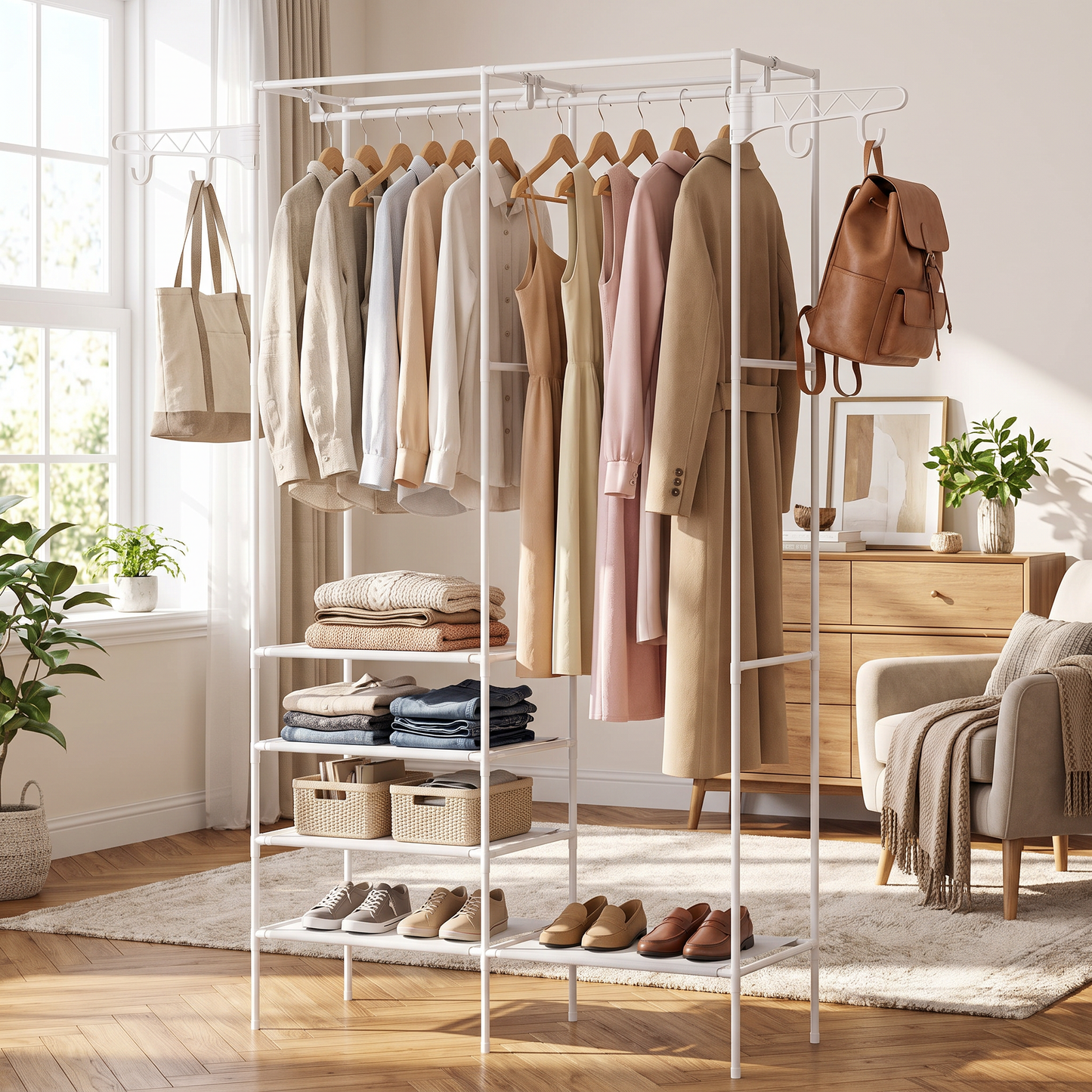 White freestanding garment rack with clothes and shoes in a bedroom corner