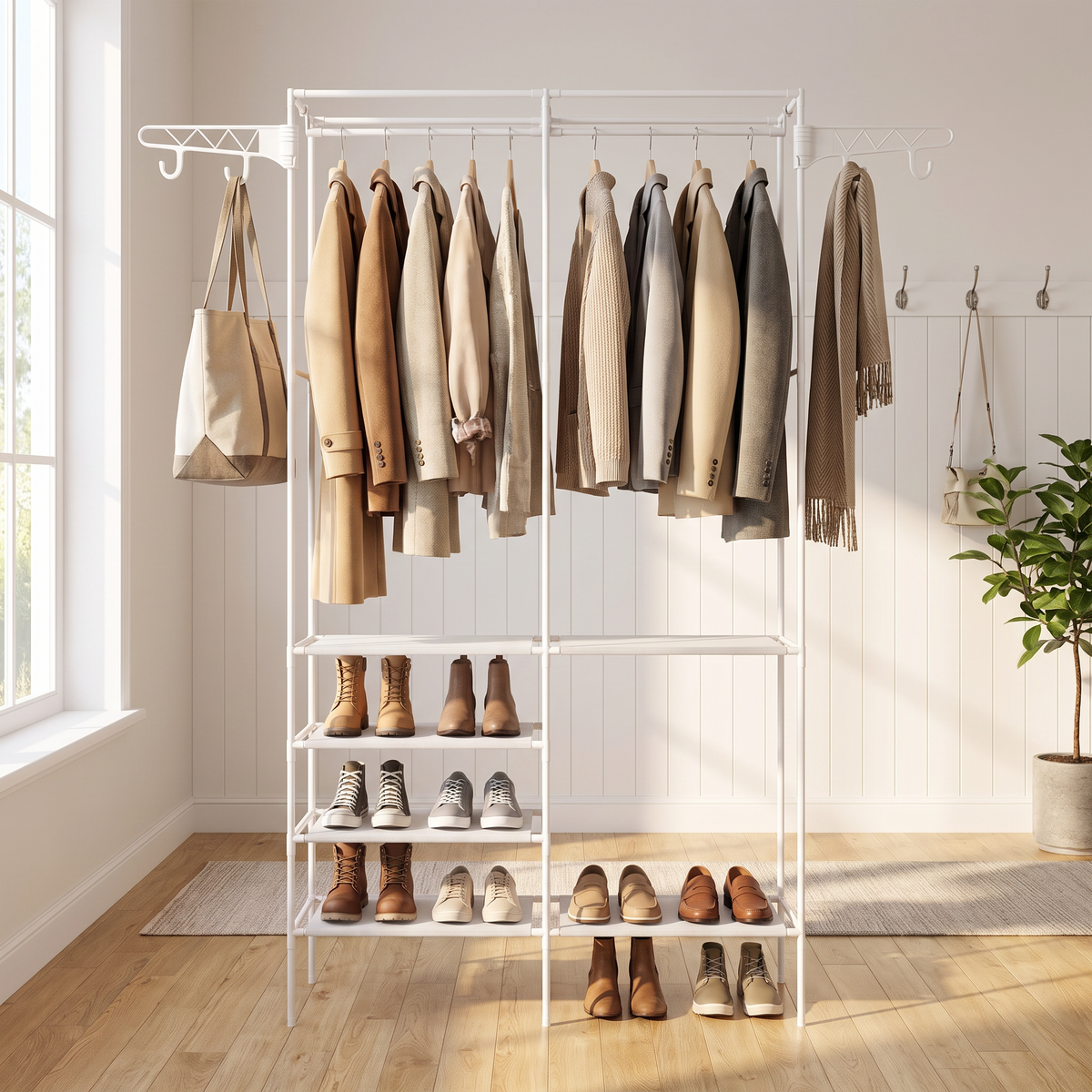 White garment rack in an entryway with coats, shoes and a tote on the side hook