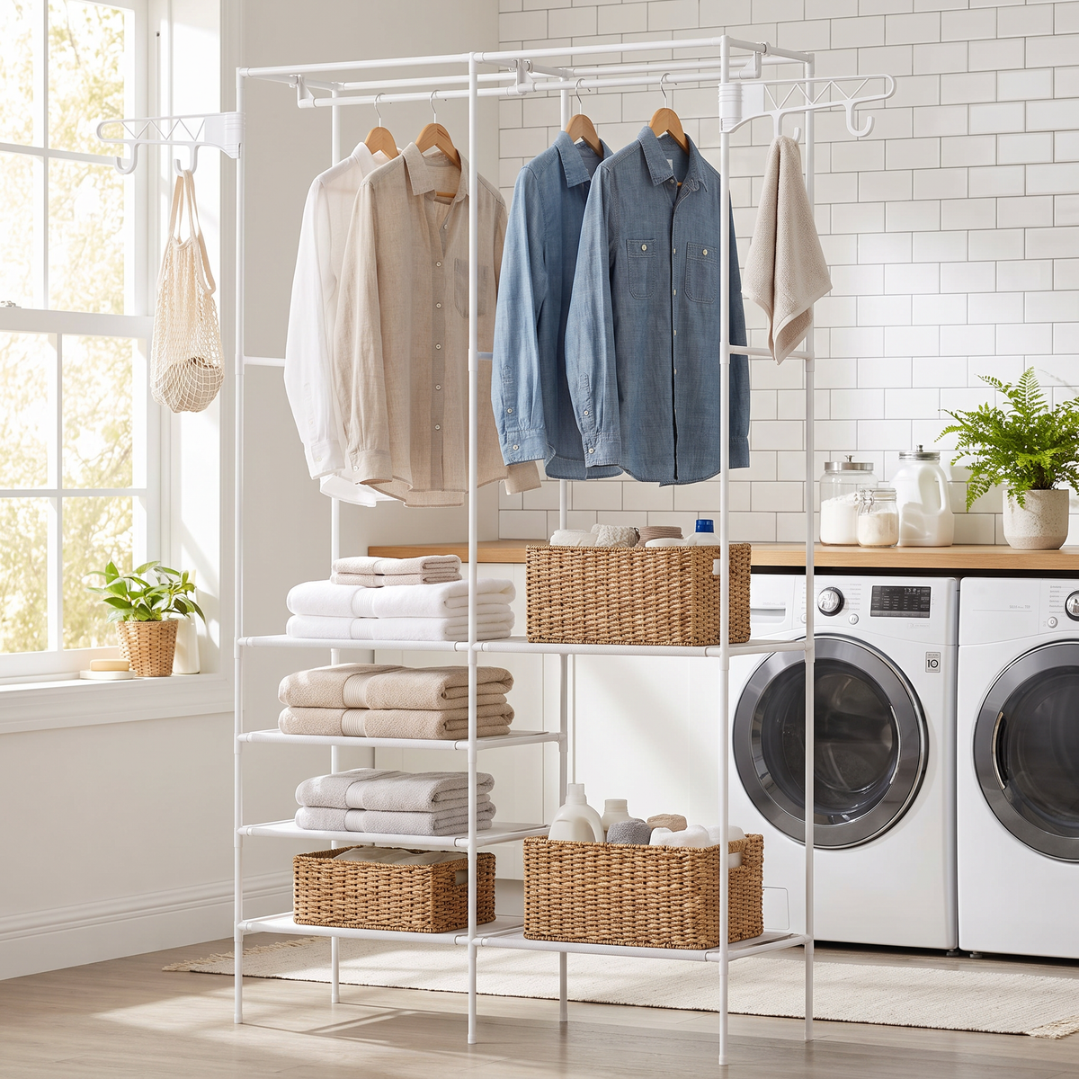 White garment rack in a laundry room with folded towels and baskets