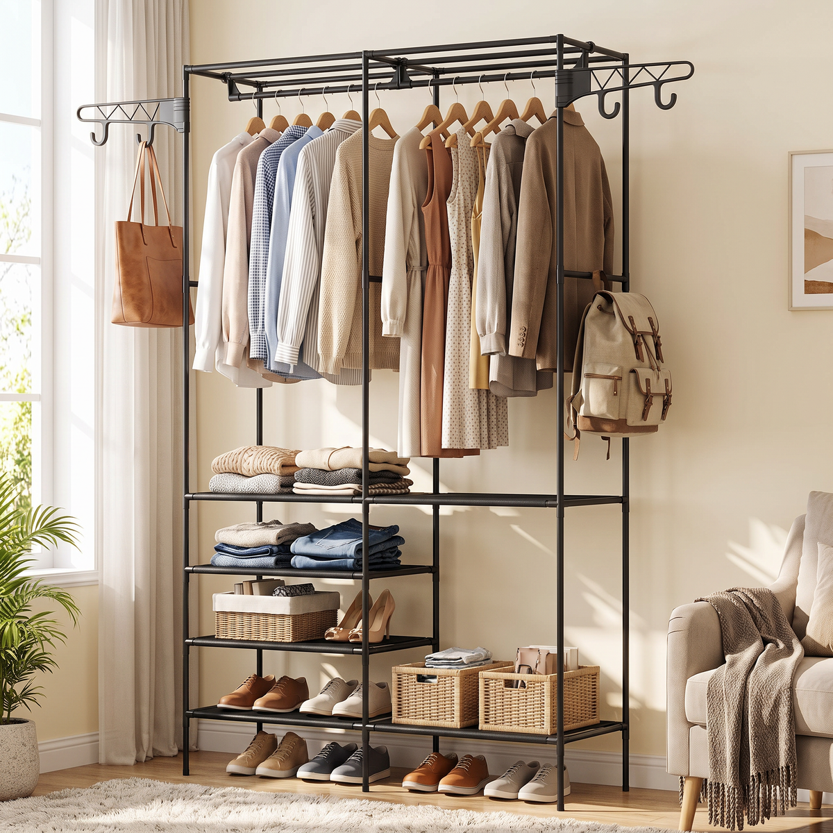 Black freestanding garment rack with clothes and shoes in a bedroom corner