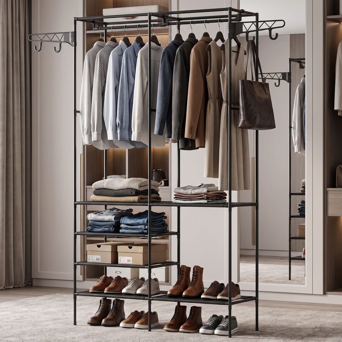Black garment rack in a walk-in closet with organized clothing