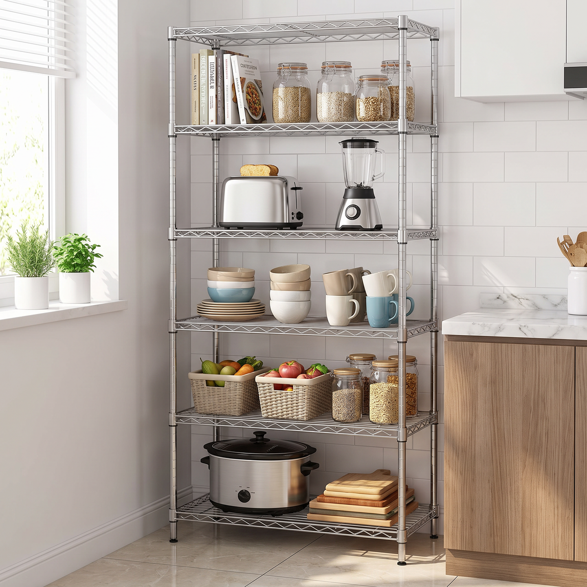 Silver 5-tier shelving rack in a modern kitchen corner with appliances and jars
