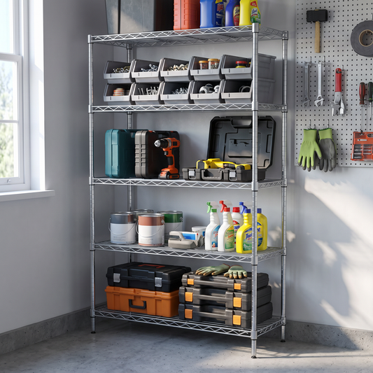 Silver 5-tier shelving rack in a garage holding tools and bins