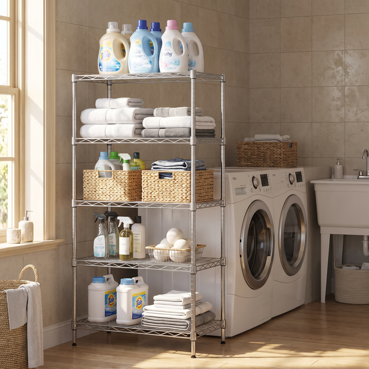 Silver 5-tier shelving rack in a laundry room with detergent and towels